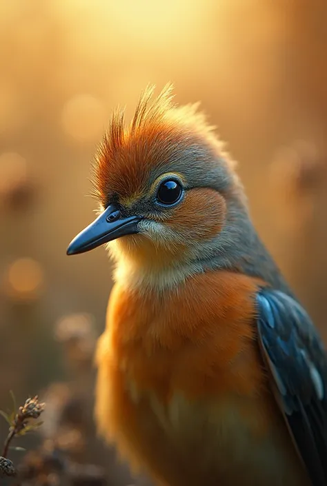A mesmerizing close-up portrait of a gorgeous little bird illuminated by the soft, golden light of a tranquil morning, with vibr...