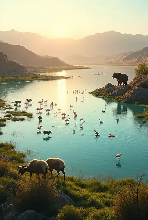 **A highly detailed, cinematic, and breathtaking wildlife scene at a serene, shallow lake at sunset. The water is a beautiful tu...