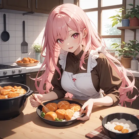one girl、pink hair、long hair、big chest、cute、wearing a brown dress、is cooking in the kitchen、The background is night、there is a f...