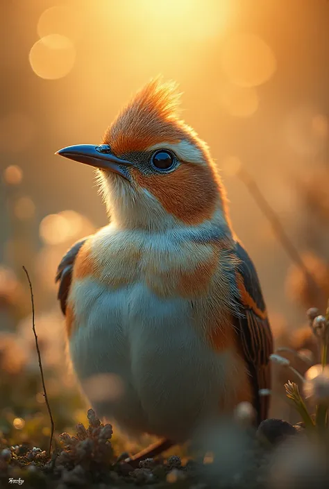 A mesmerizing close-up portrait of a gorgeous little bird illuminated by the soft, golden light of a tranquil morning, with vibr...