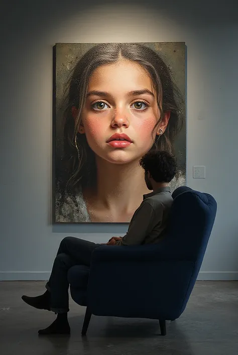 Create a scene in a contemporary art gallery, using the attached image of the girl's face and appearance, without changing her f...