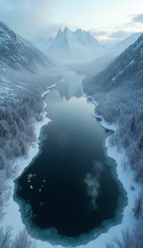 aerial view of a dark lake in Alaska surrounded by frozen terrain, steam rising from the warm water, glowing mist, contrast betw...