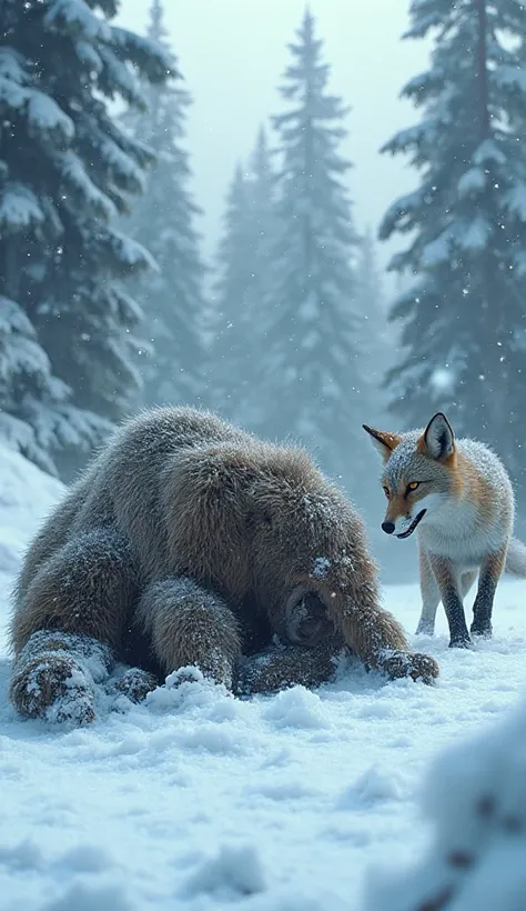 cub Mammoth badly killed the arctic fox snd leg on his body in snow Jungle  