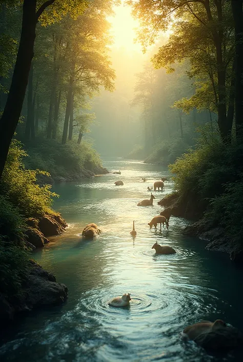 Realistic photo of a river flowing through a dense forest, sunlight reflections on water, birds and deer visible in natural sett...