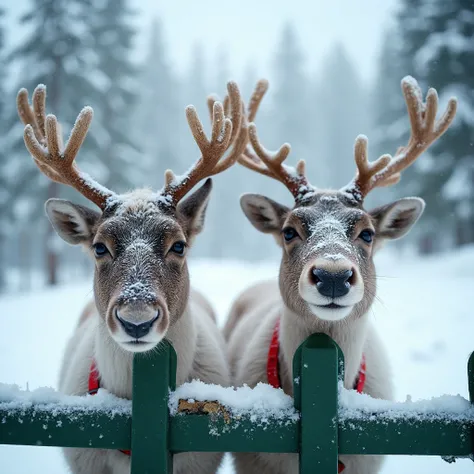 A charming and close-up, vertical photograph taken during a heavy snowfall, showing two adorable reindeer (or caribou) poking th...