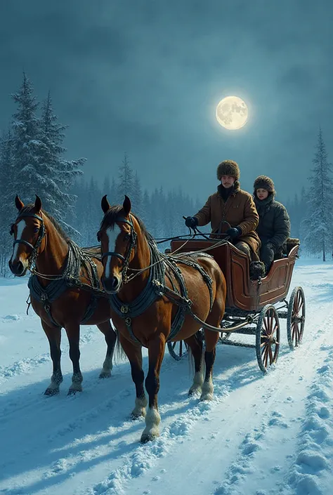 19th century Russian troika scene, Clear realistic style, Have:

3 horses , Outboard beam, mặc fur coat — fur hat,

Khoang xe lớ...