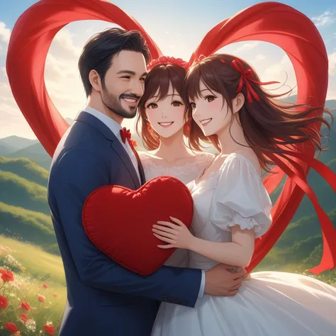 a cheerful married couple in their 30s, smiling together under a blue sky, holding a big red heart cushion,
gentle wind, flutter...