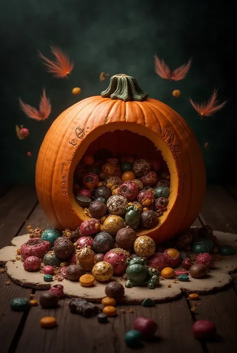 Harry Potter pumpkin with chocolate frogs, dragees of all flavors, chocolates, fainting and sugar feathers.