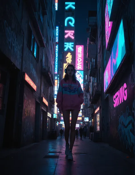 A young woman with large over-ear headphones walking confidently past urban graffiti walls. She wears casual streetwear with a r...