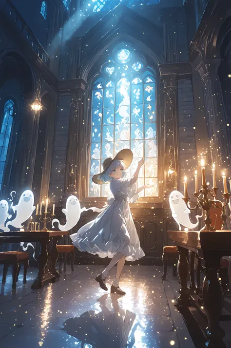 High Quality, artistic, super definition, The Great Hall of an Ancient Castle Illuminated by Moonlight, Multiple ghosts dancing ...