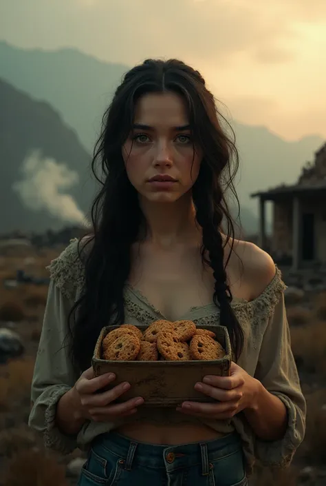 Book cover for a dramatic story entitled “THE BOX OF COOKIES”. A 20-year-old woman, he is standing in front of a burned ranch in...