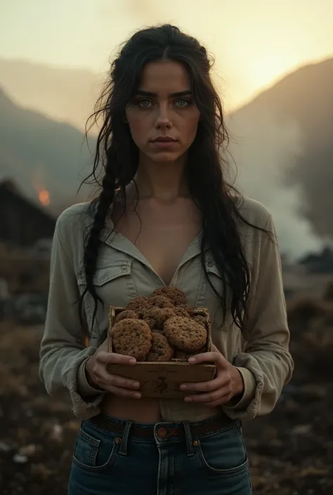 Book cover for a dramatic story entitled “THE BOX OF COOKIES”. A 20-year-old woman, he is standing in front of a burned ranch in...
