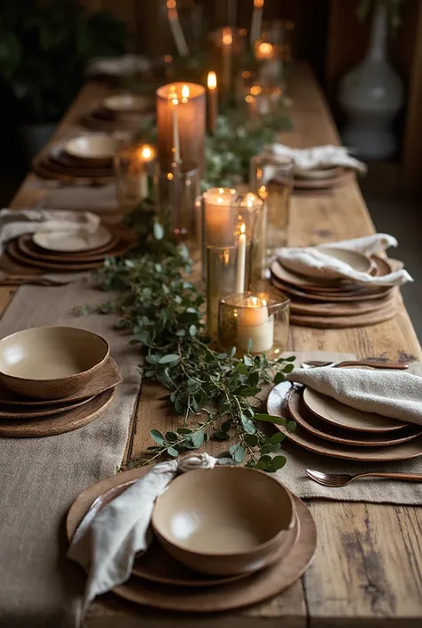 Rustic Thanksgiving table setting for a large group (13+), with wooden table, linen runners, ceramic dishes, neutral-toned napki...