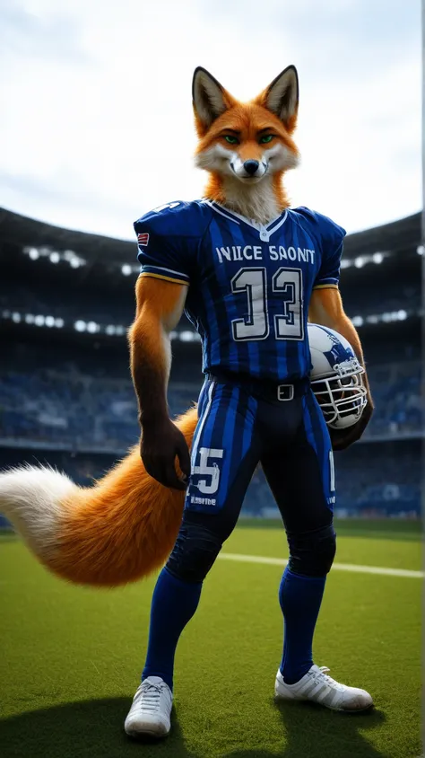 male fox , furry,green eyes,  muscular body, Alone, without humans, in an american football stadium, Sky blue, white clouds,    ...