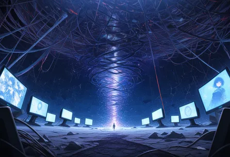 masterpiece, best quality, high quality, ultra detailed, a surreal space, broken lines of code, glitching monitors, distorted re...
