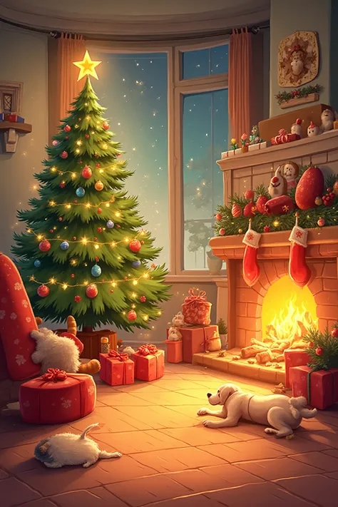 Cozy funny Christmas caricature background of a warm living room with a decorated Christmas tree, gifts, stockings, and a playfu...