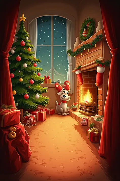 Cozy funny Christmas caricature background of a warm living room with a decorated Christmas tree, gifts, stockings, and a playfu...