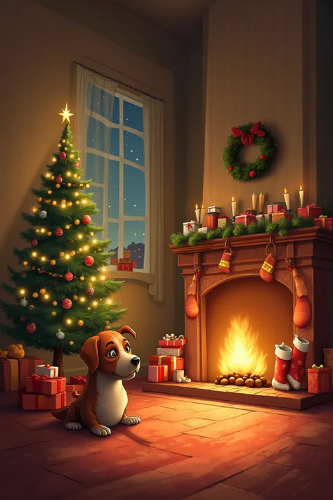 Cozy funny Christmas caricature background of a warm living room with a decorated Christmas tree, gifts, stockings, and a playfu...