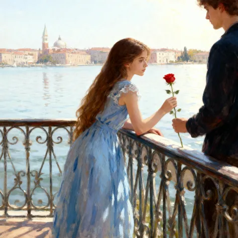 generate a guy at the other side of the railing, holding a stalk of a red rose too, face unseen, girl is seen at a distance