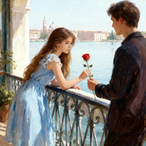 generate a guy at the other side of the railing, holding a stalk of a red rose too, face unseen, girl is seen at a distance