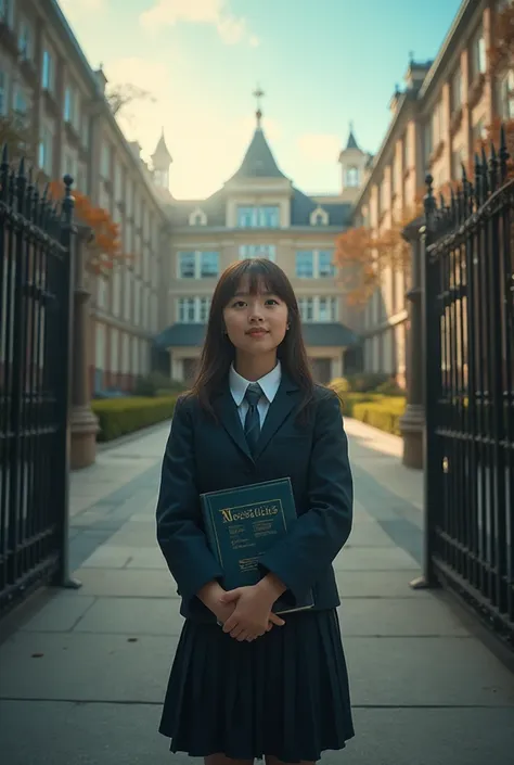 A student stands at the school gate holding their books, looking at the building for the last time. Cinematic slow-motion shot, ...