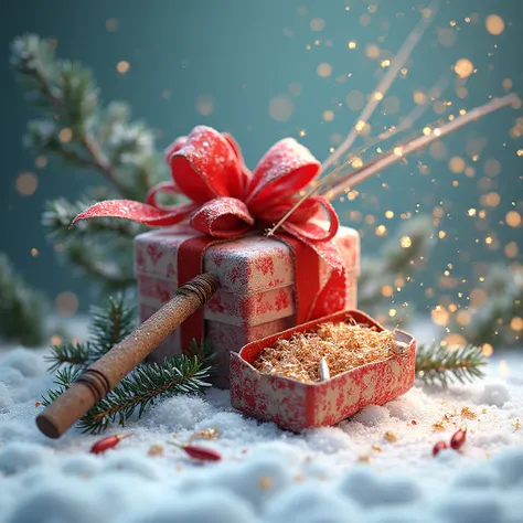 Dynamic 3D composition. A winter fishing rod and a box of jigs wrapped like a premium gift with a large red bow. The composition...