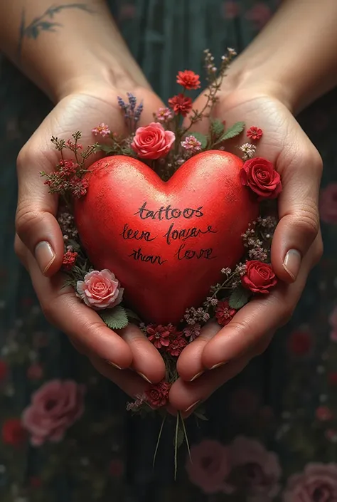 Please generate an image :heart, covered with roses and flowers, in human hands, and I'll have the inscription "tattoos live lon...
