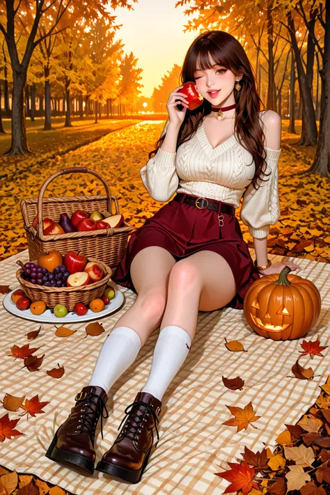 ```Highest Quality, Super Detailed, masterpiece```
「 Enjoying the autumn appetite！」 A checkered picnic blanket, full body view, ...