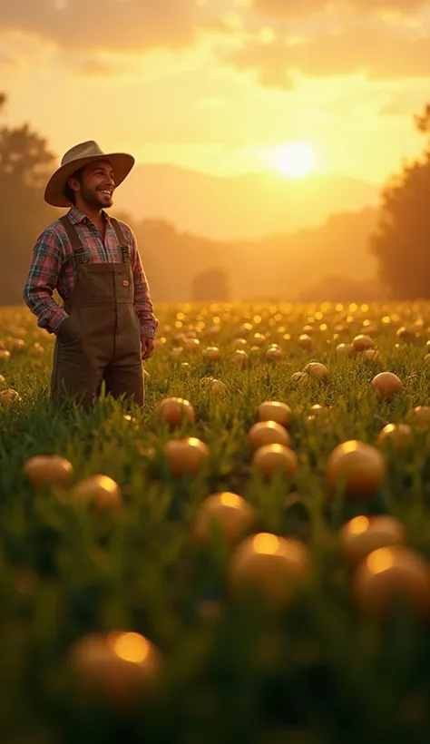 A cheerful farmer standing in a lush green field at sunrise, looking amazed as golden glowing apples sprout from the ground. The...