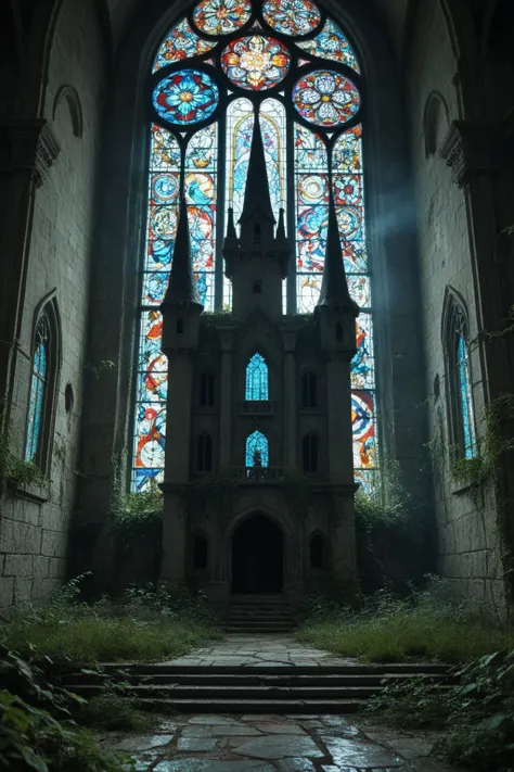 3D Unreal Engine, crumbling castle overgrown with ivy and moss, luminous blue spirits floating near broken stained glass windows...