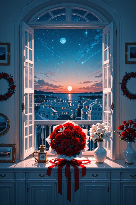 A beautiful bouquet of roses and lilies in a ceramic vase, Red and white colors, Comfortable rooms, wreath, Open window, Moon an...