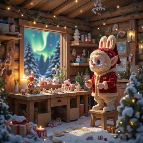 Inside a cozy snow-covered log cabin, Labubu stands on a wooden stool, wearing a fuzzy red elf coat with gold stitches and a tin...