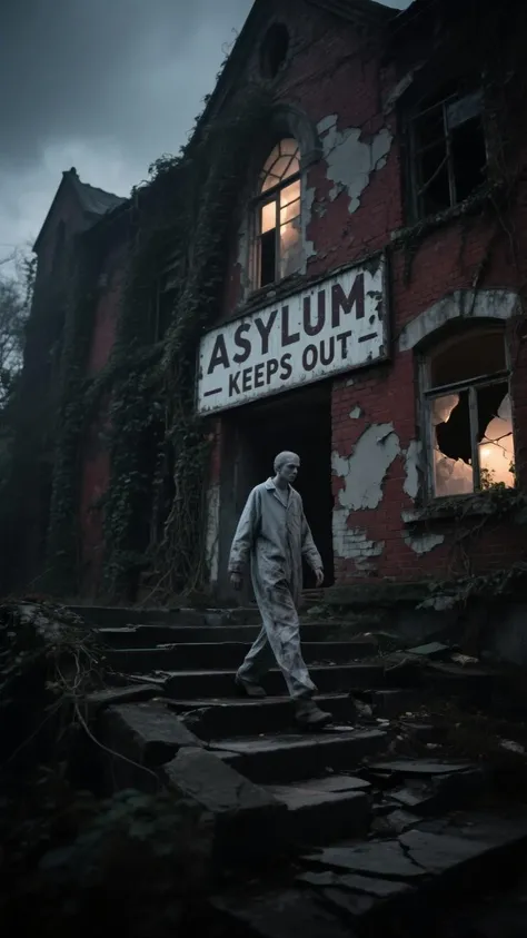 A derelict asylum, its brick façade crumbling and covered in vines, under a stormy, moonless sky. Shattered windows show faint, ...