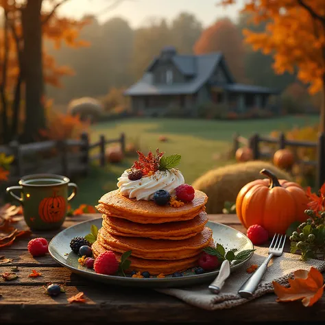 A stack of orange pumpkin  pancakes topped with whipped cream, raspberries (Rubus idaeus), blueberries (Vaccinium corymbosum), a...