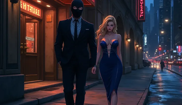 anime manga style, white-skinned man wearing a black balaclava, dressed in a sharp stylish suit, standing upright next to a beau...
