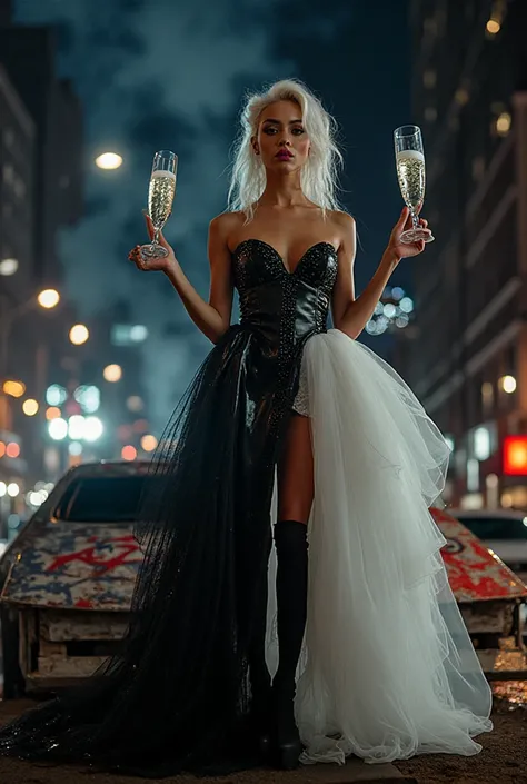 8K fashion photo shoot, a spectacular half-platinum hairstyle, half black, model in a black and white two-tone evening dress: on...