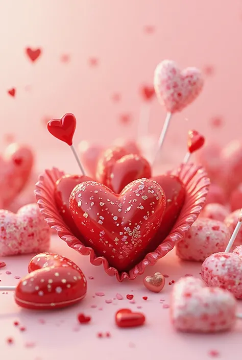 Make me an image where I have heart-shaped chocolates and lollipops 