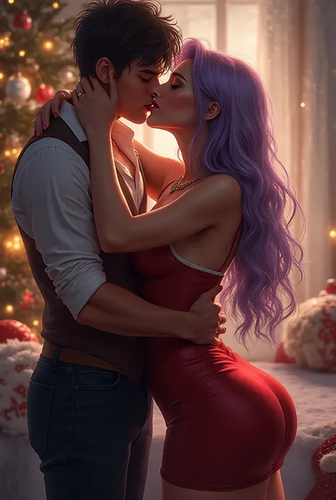 Girl with big boobs and butt with lavender hair wearing a sexy Christmas outfit and kissing her boyfriend’s cheek