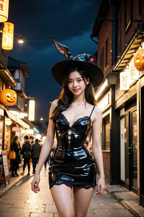 A beautiful Japanese woman with long light brown hair, fair skin, large expressive eyes, slender but healthy body, dressed as a ...