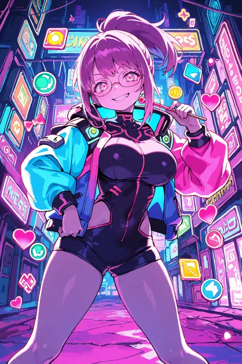 energetic young hacker girl, long vivid pink loose ponytail, big breasts, wearing a colorful cyberpunk jacket, biting a candy st...