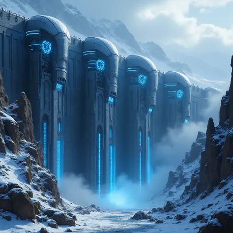 A 3D render, rendered in incredible detail, of a monumental, epic fusion of ancient fortress architecture and advanced technolog...