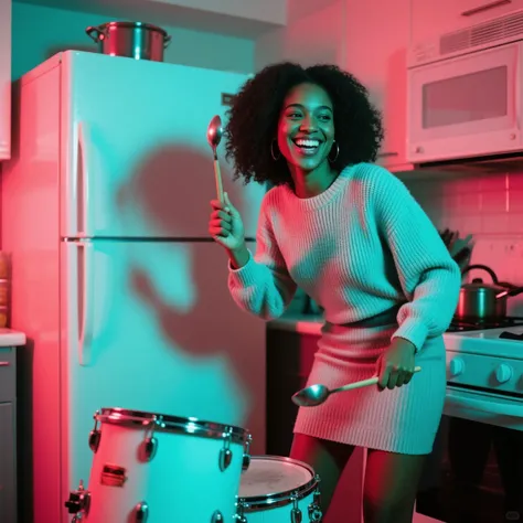 masterpiece, best quality, black woman in a short dress, great smile, sweather, kitchen fridge in background, slightly bowed pos...