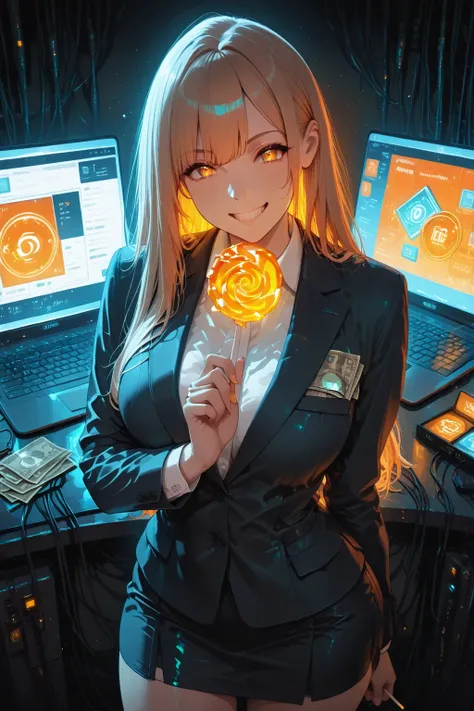 masterpiece, 8k, anime style, sweet hacker girl, professional skirt suit, glowing holographic money around her, grin, laptop and...