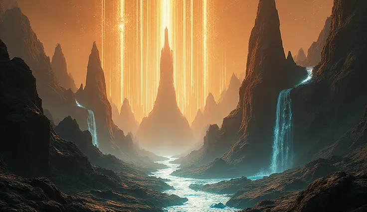 “a glowing alien planet with reversed waterfalls and rising mountains, surrounded by golden light trails flowing upward, cinemat...