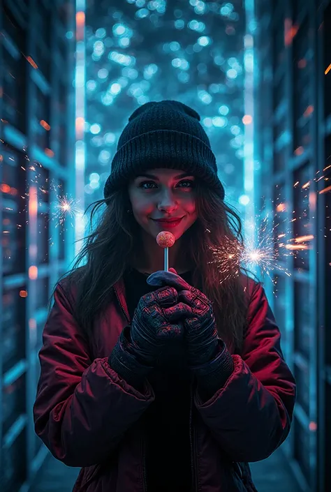 An intense moment: the hacker girl in a dark data center, standing before a massive holographic firewall cracking apart like gla...