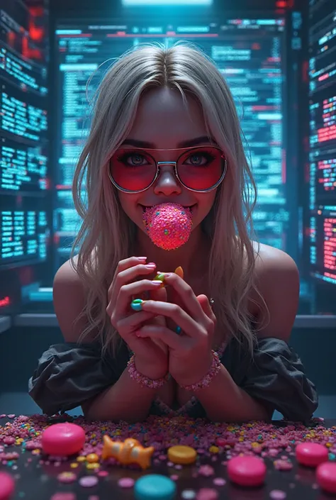 Hacker girl with big, colorful candies in her mouth and in her hands rainbow-style, In front of a mega-computer hacking bank pag...