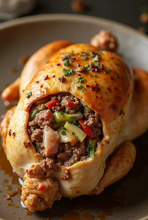 name: Stuffed Chicken
Ingredients:
- Whole chicken
- Ground beef
- Minced pork pulp
- Sliced ham
- Chopped cheese
- Salt and pe...