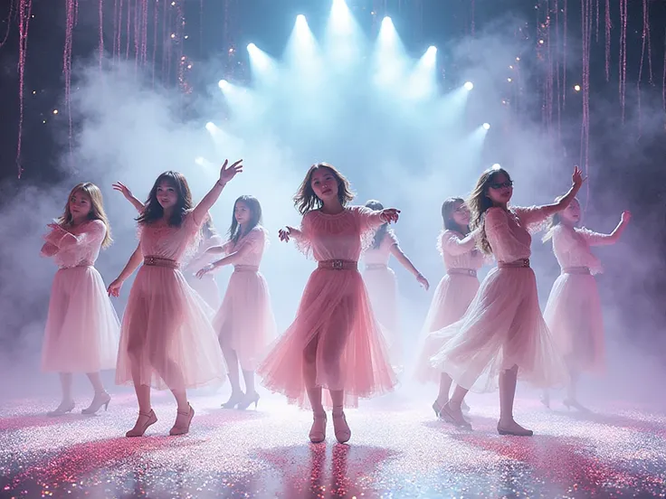 A Kpop band dance on the stage as a stray and their songs are sweet and refreshing about white steam and glitter