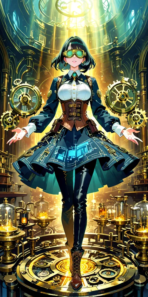 Anime Main Feature Illustration, cinematic magical anime art, 9:16, 
Cute madness anime girl — heterochromatic eyes, gold-rimmed...