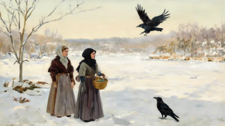 – medieval women pausing their work, listening to crows echoing across a snowy landscape, the frozen river and distant trees bat...